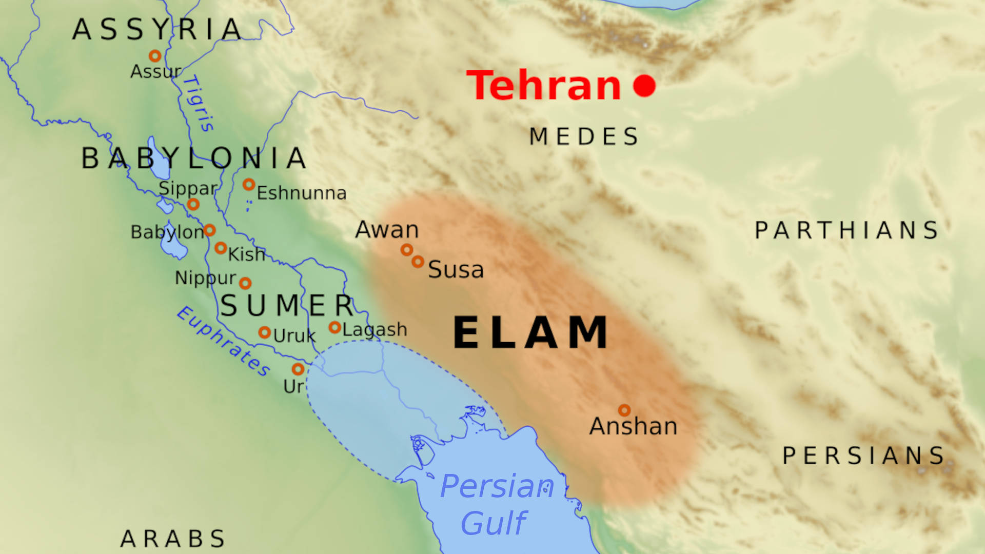 Ancient map of Elam — modern-day Iran, with Tehran marked